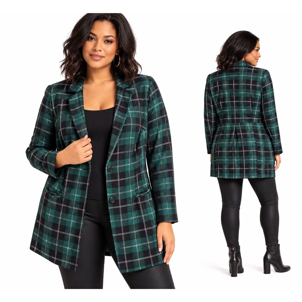 Torrid Women's Green Black 2 Button Plaid Long Line Ponte Blazer Size 0/L/12